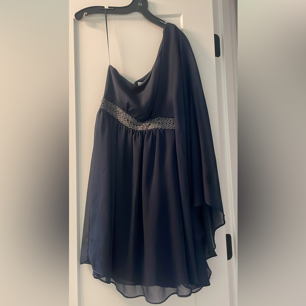 BCBG Max & Cleo One Shoulder Navy Dress